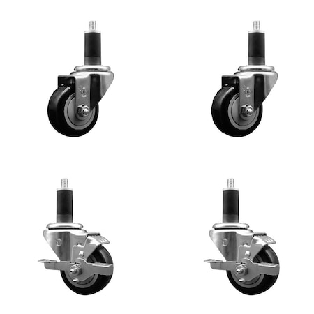 Service Caster 3'' Black Poly Wheel Swivel 1-1/4'' Expanding Stem Caster Set 2 Brakes, 4PK SCC-EX20S314-PPUB-BLK-2-TLB-2-114